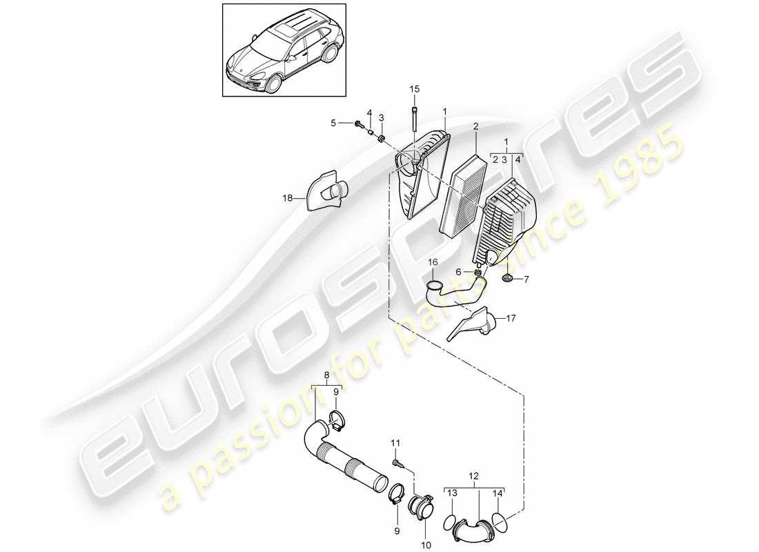 porsche cayenne e2 (2012) air cleaner with connecting parts diagram