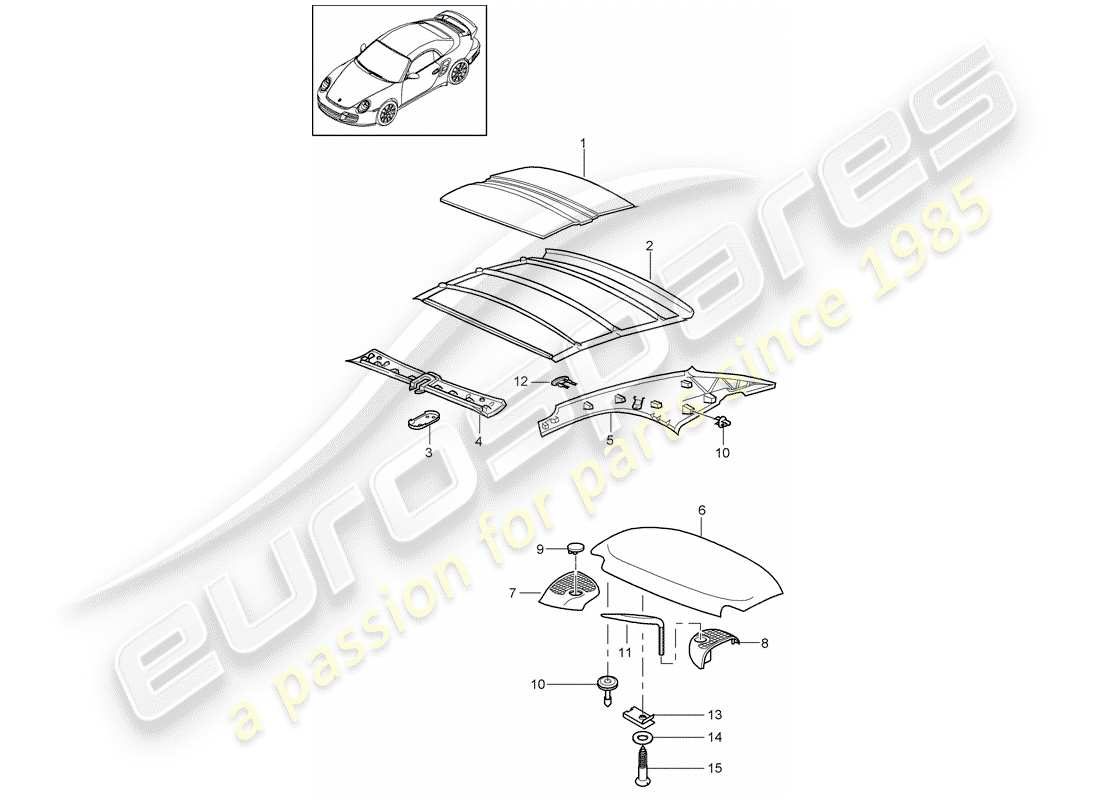 porsche 2012 (997-2 turbo / gt2 rs) hardtop parts diagram