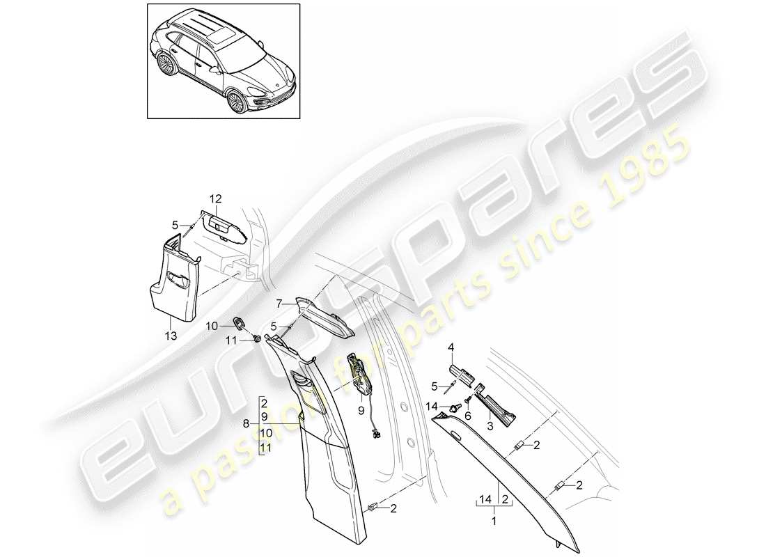 porsche 2013 (cayenne e2 92a) trim upper a-pillar b-pillar c-pillar and deformation element part diagram
