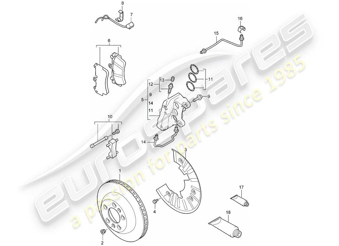 porsche 2003 (cayenne e1 9pa) disc brake front axle parts diagram