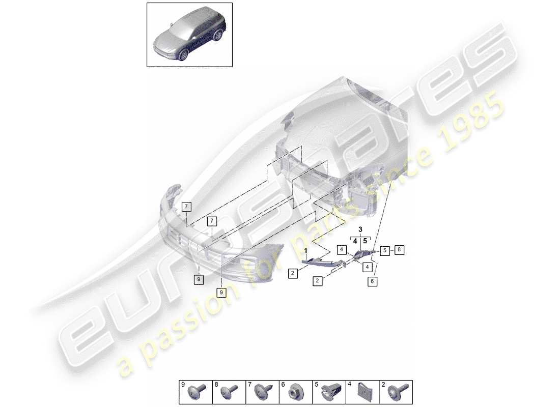 porsche 2018 (cayenne e3 9ya/9yb) fasteners front bumper parts diagram