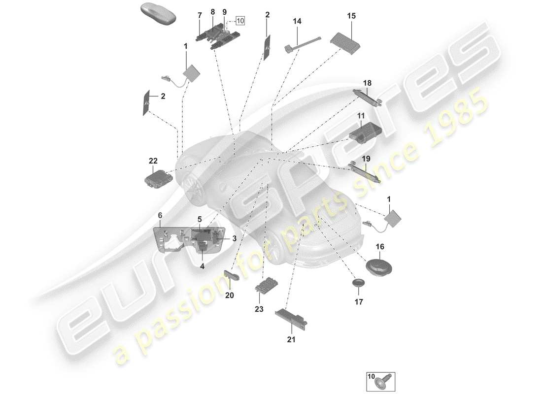 porsche 2020 (992-1) aerial aerial amplifier emergency call loudspeaker chip card reader for road toll system connection for usb and aux-in parts diagram