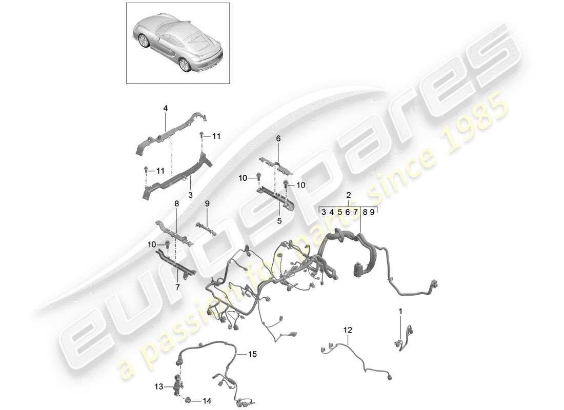 porsche 2016 (981 cayman gt4) wiring looms rear trim engine gearbox rear axle rear lid part diagram
