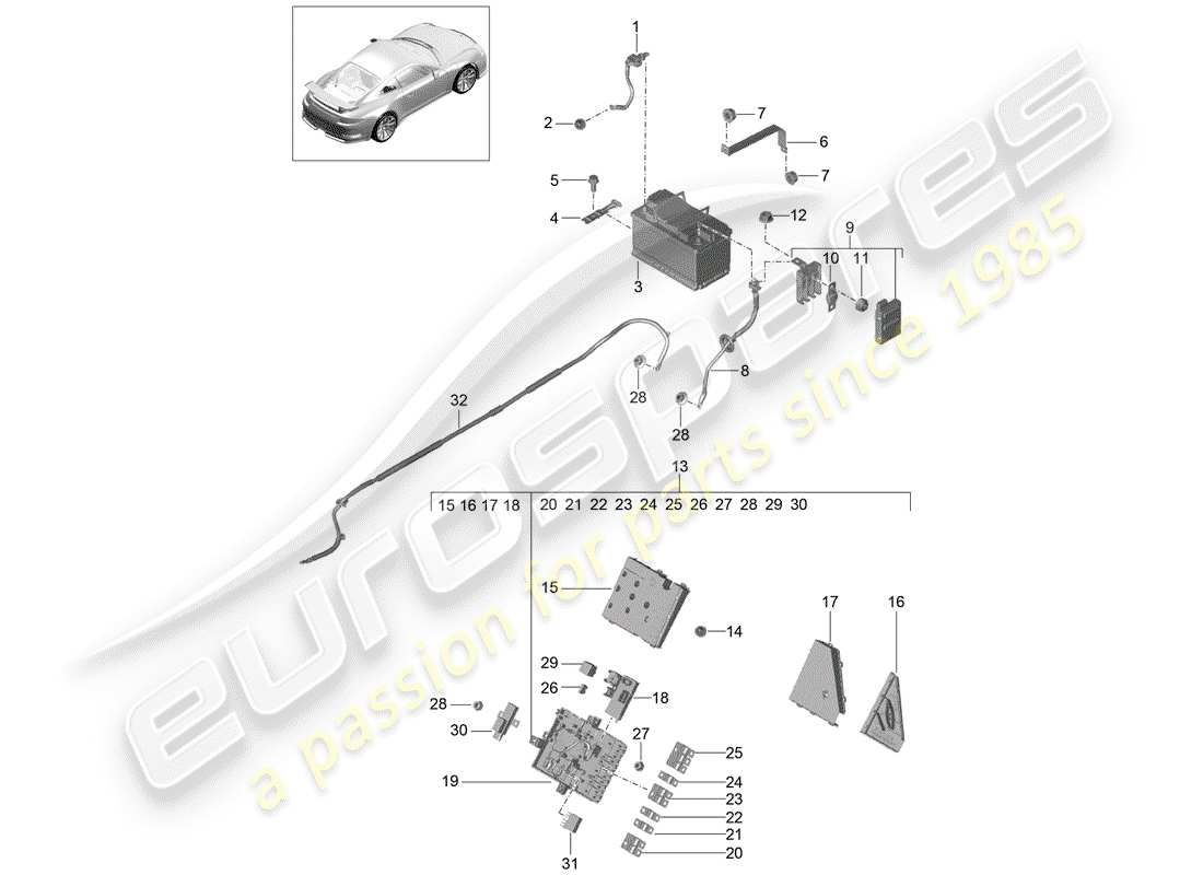 porsche 2014 (991-1 r/gt3/rs) battery potential distributor part diagram