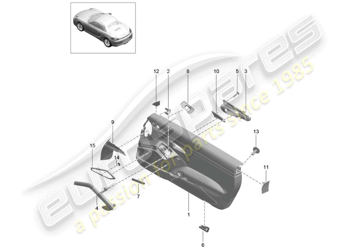 porsche 2012 (981 boxster) door panel leather alcantara trim aluminium, brushed parts diagram