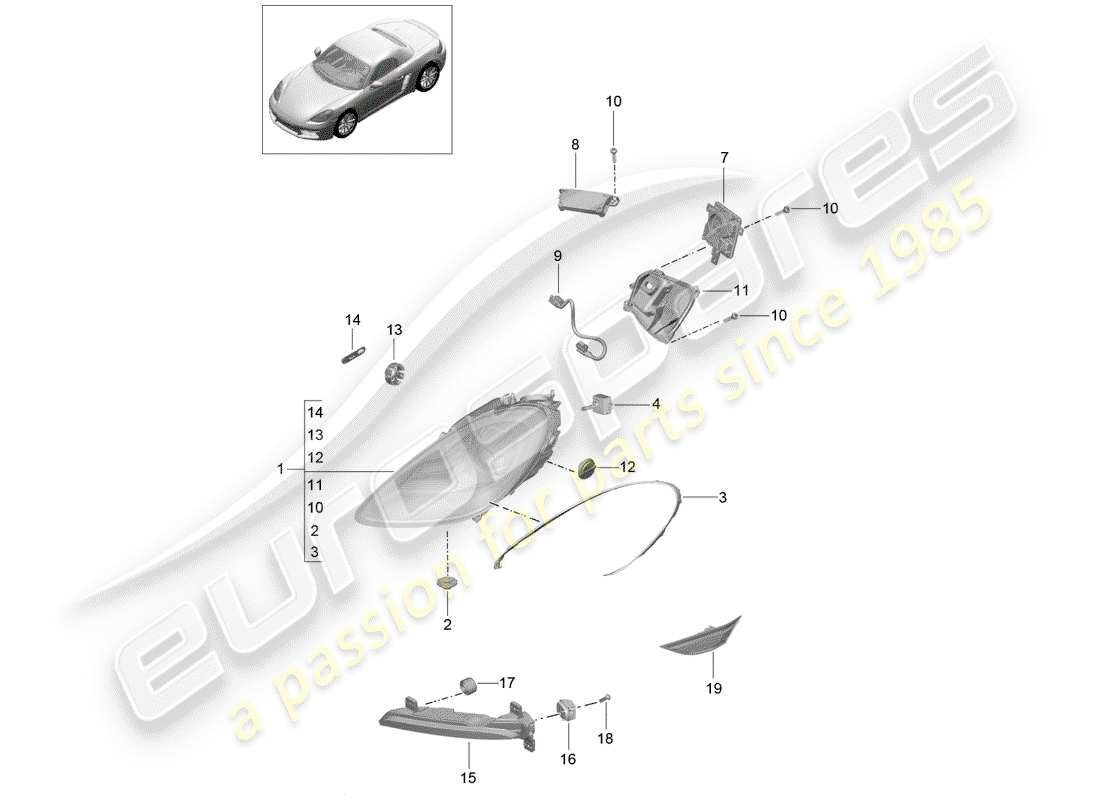 porsche 2020 (718 boxster) headlights additional headlight turn signal indicator side marker light turn signal repeater parts diagram