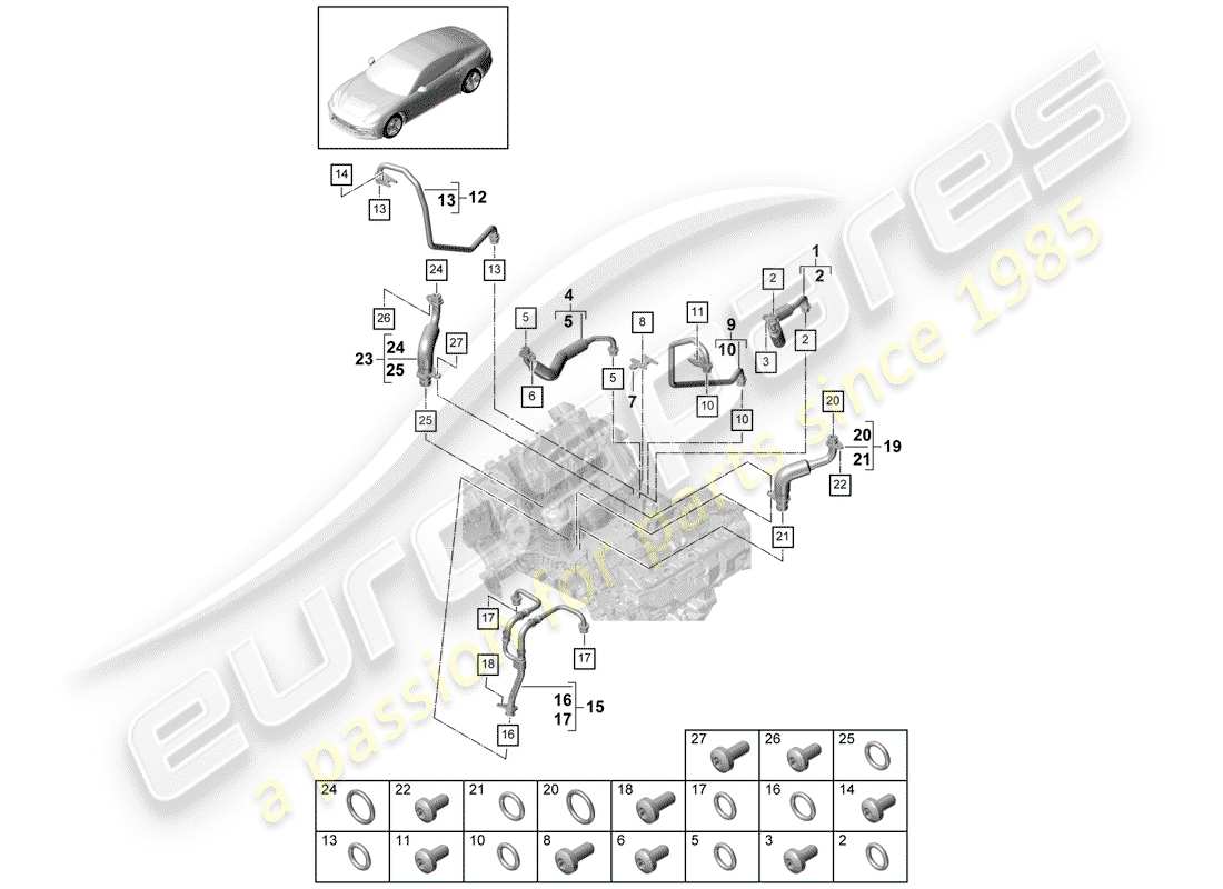 porsche 2018 (panamera 971-1) coolant cooling system for turbocharger oil pressure line for exhaust gas turbocharger part diagram