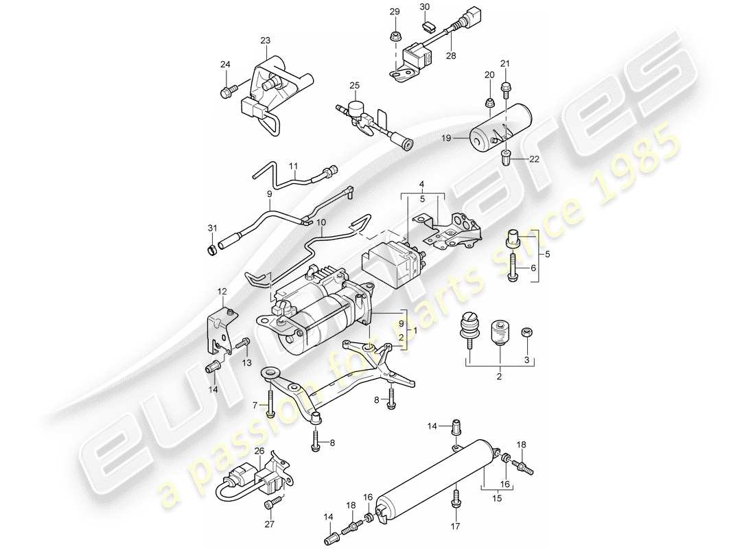 porsche 2007 (cayenne e1 9pa) adaptive suspension compressor pressure accumulator accelerator sensor part diagram