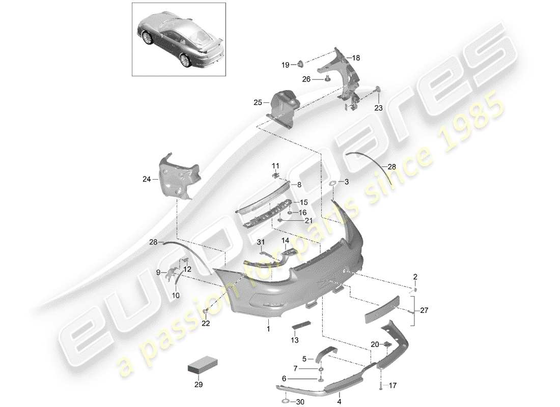 porsche 2014 (991-1 r/gt3/rs) bumper rear d >>- mj 2017 part diagram