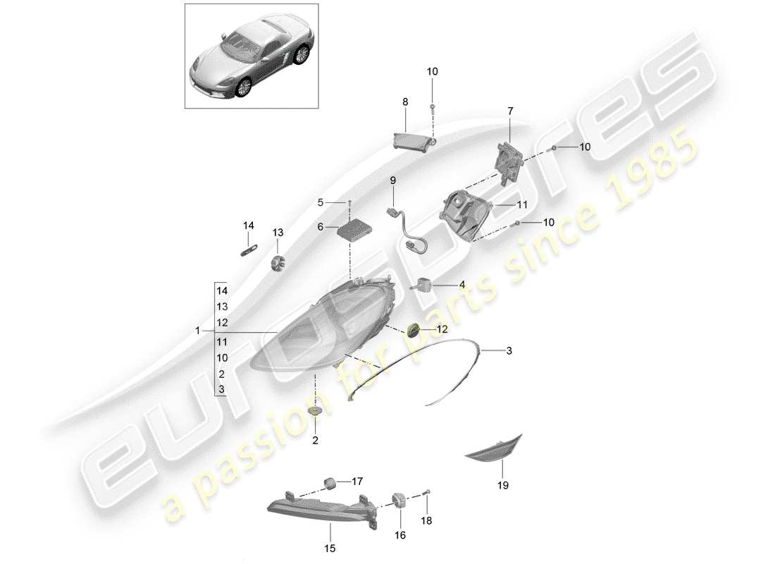 porsche 2019 (718 boxster) headlights additional headlight turn signal indicator side marker light turn signal repeater parts diagram