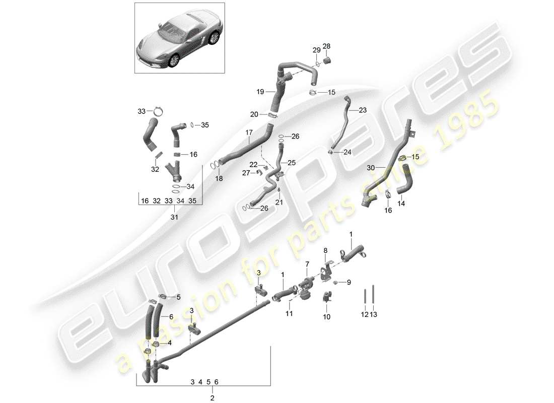 porsche 2020 (718 boxster) coolant cooling system water pipe parts diagram