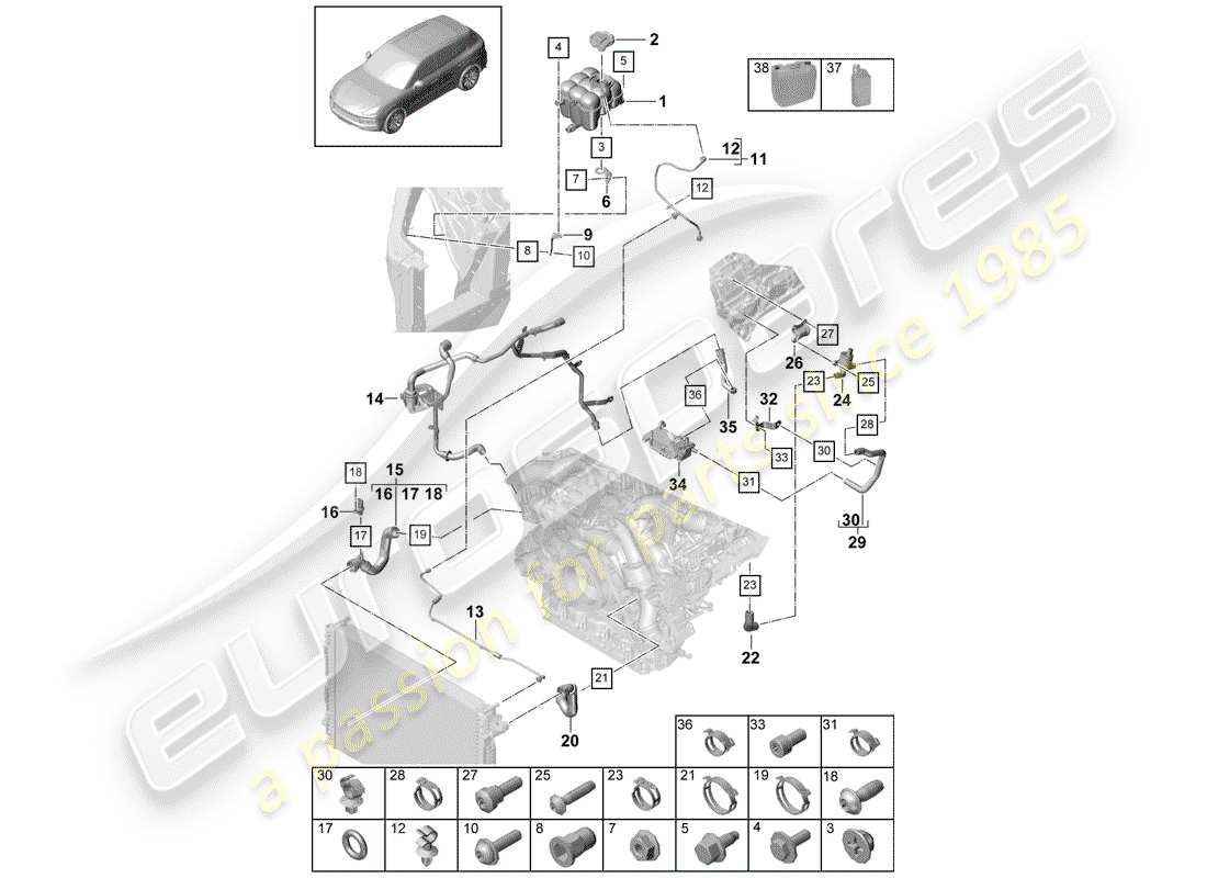 porsche 2020 (cayenne e3 9ya/9yb) coolant cooling system coolant expansion tank coolant pipe part diagram