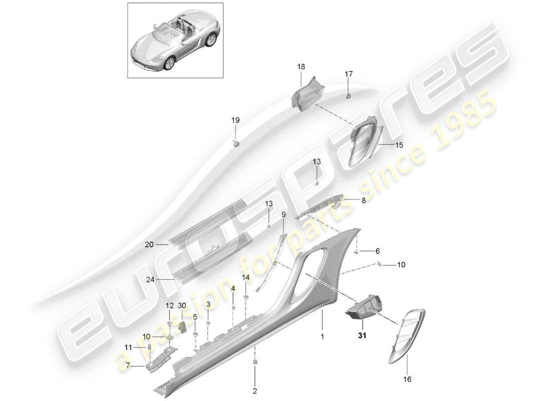 porsche 2020 (718 boxster) side member trim and air guide engine bay parts diagram