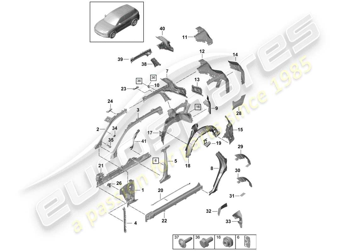 porsche 2020 (cayenne e3 9ya/9yb) side part front, inner part diagram