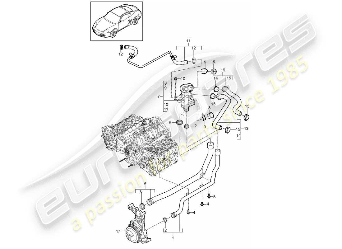porsche 2010 (987 cayman) junction water pipe part diagram