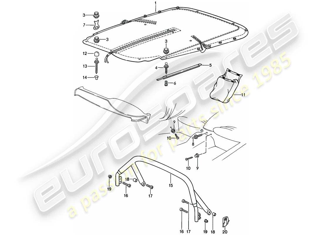 porsche 1987 (911) tonneau cover - cover clip part diagram