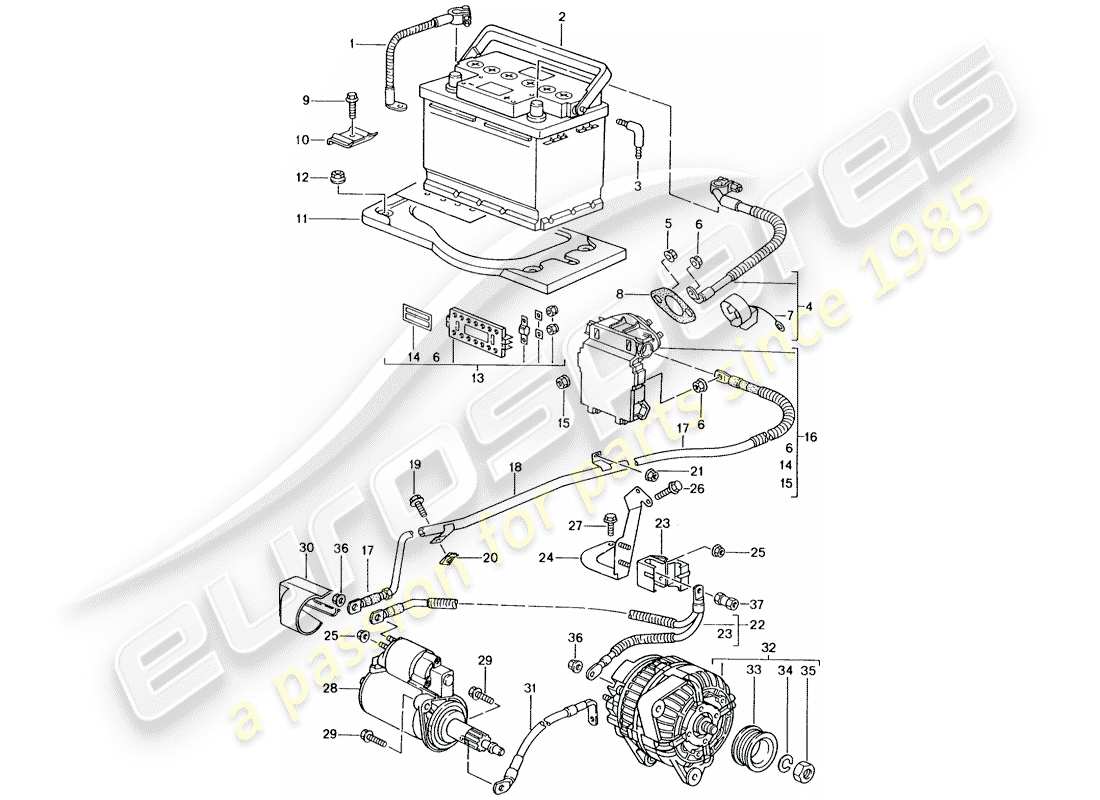 porsche 2001 (996 gt3) battery - junction box - starter - alternator - main battery switch part diagram