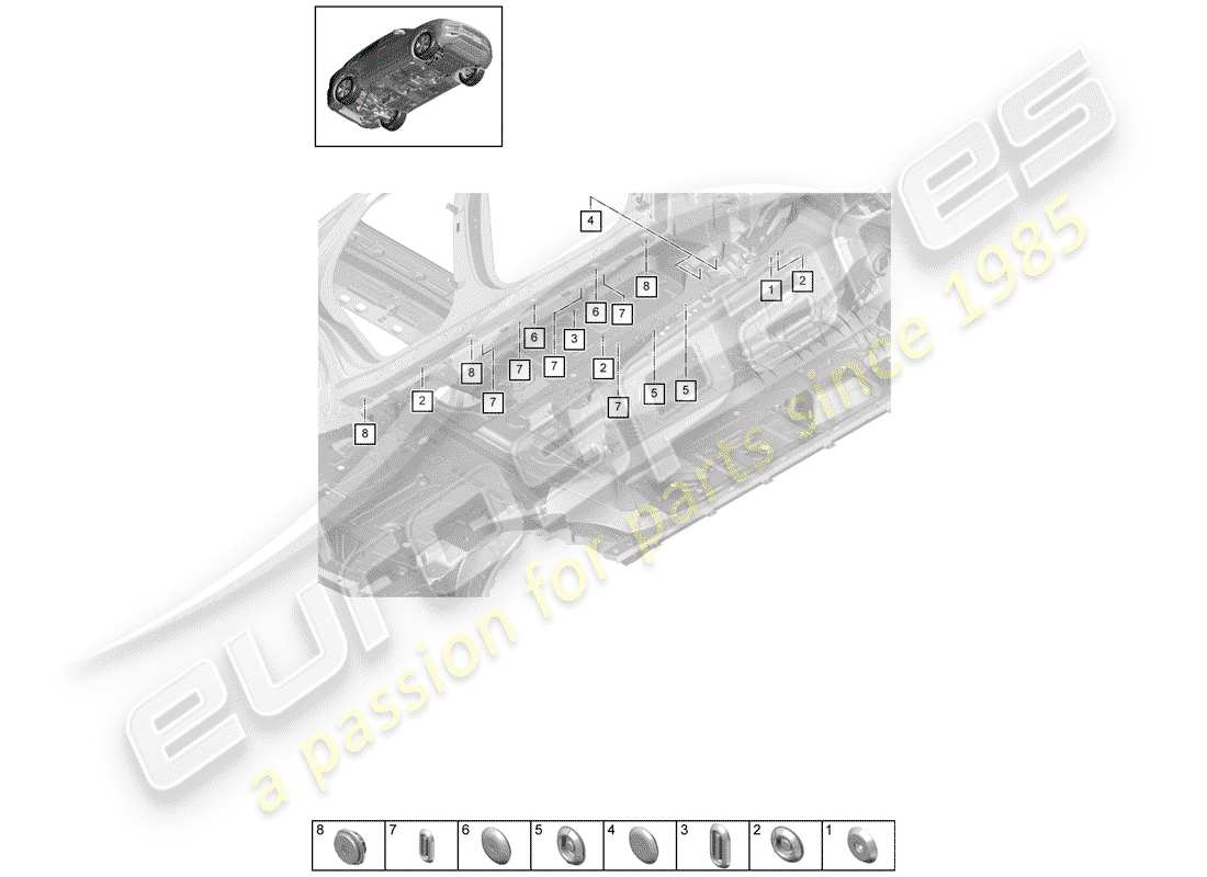 porsche 2018 (cayenne e3 9ya/9yb) bungs front underbody left parts diagram