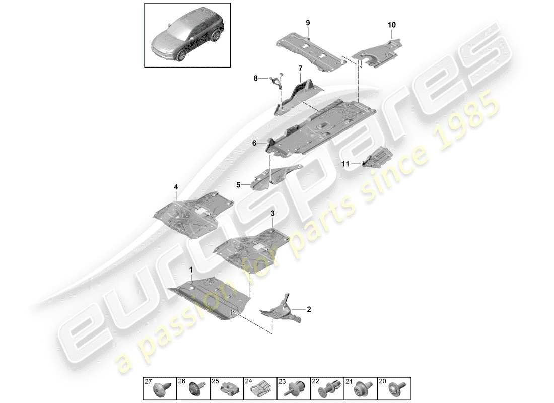 porsche 2020 (cayenne e3 9ya/9yb) trim underbody trim part diagram