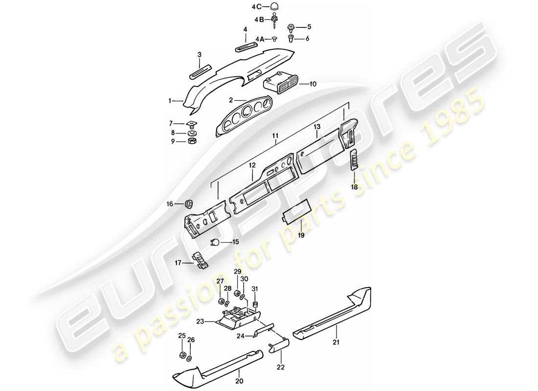 porsche 1986 (911) dash panel trim - with installation parts - d >> - mj 1985 part diagram