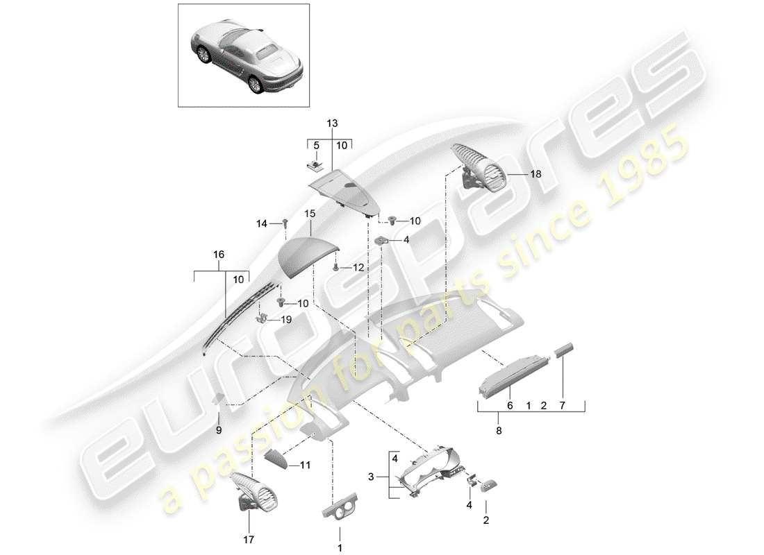 porsche 2019 (718 boxster) accessories instrument panel trim upper part parts diagram