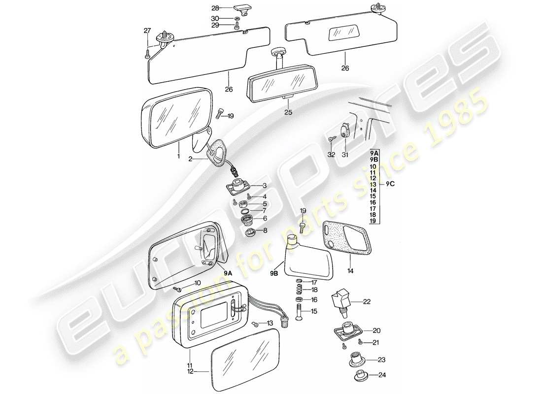 porsche 1983 (944) rear view mirror inner - rear view mirror - sun vizor parts diagram
