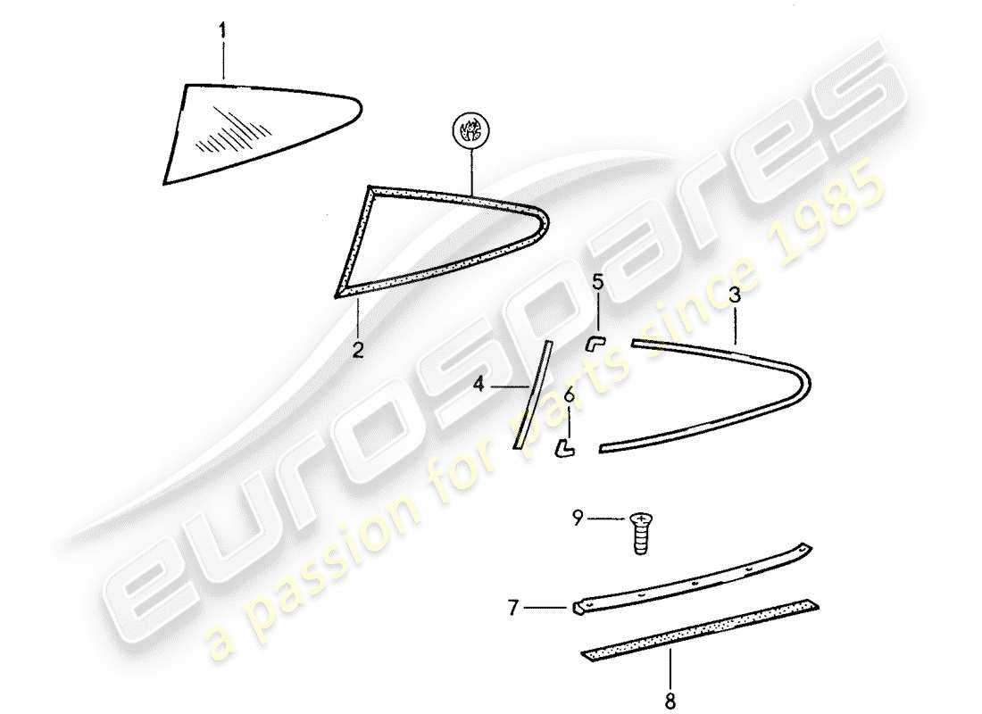 porsche 1987 (959) window glazing parts diagram