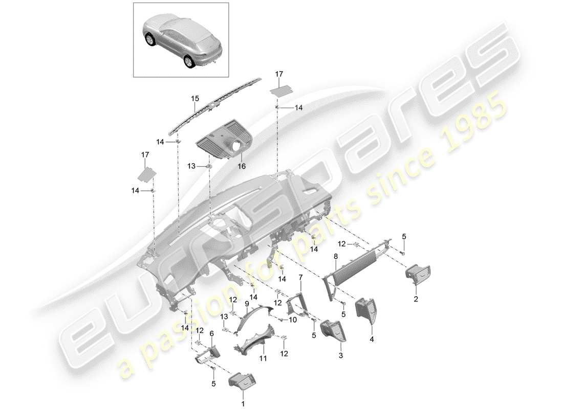 porsche 2018 (macan) accessories instrument panel trim upper part part diagram