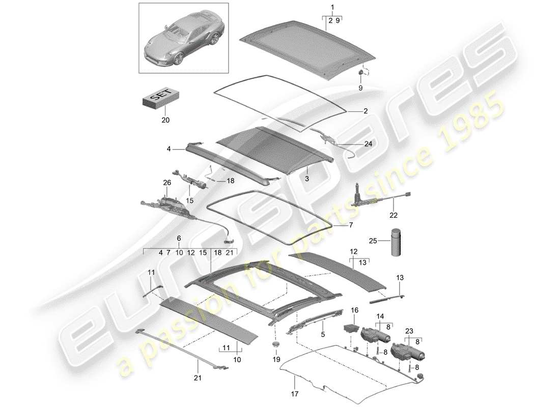 porsche 2015 (991-1 turbo) glass roof part diagram