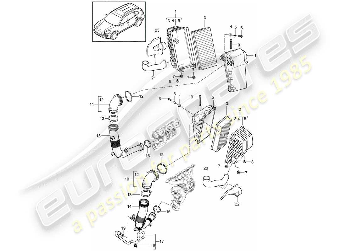 porsche 2017 (cayenne e2 92a) air filter with connecting parts part diagram