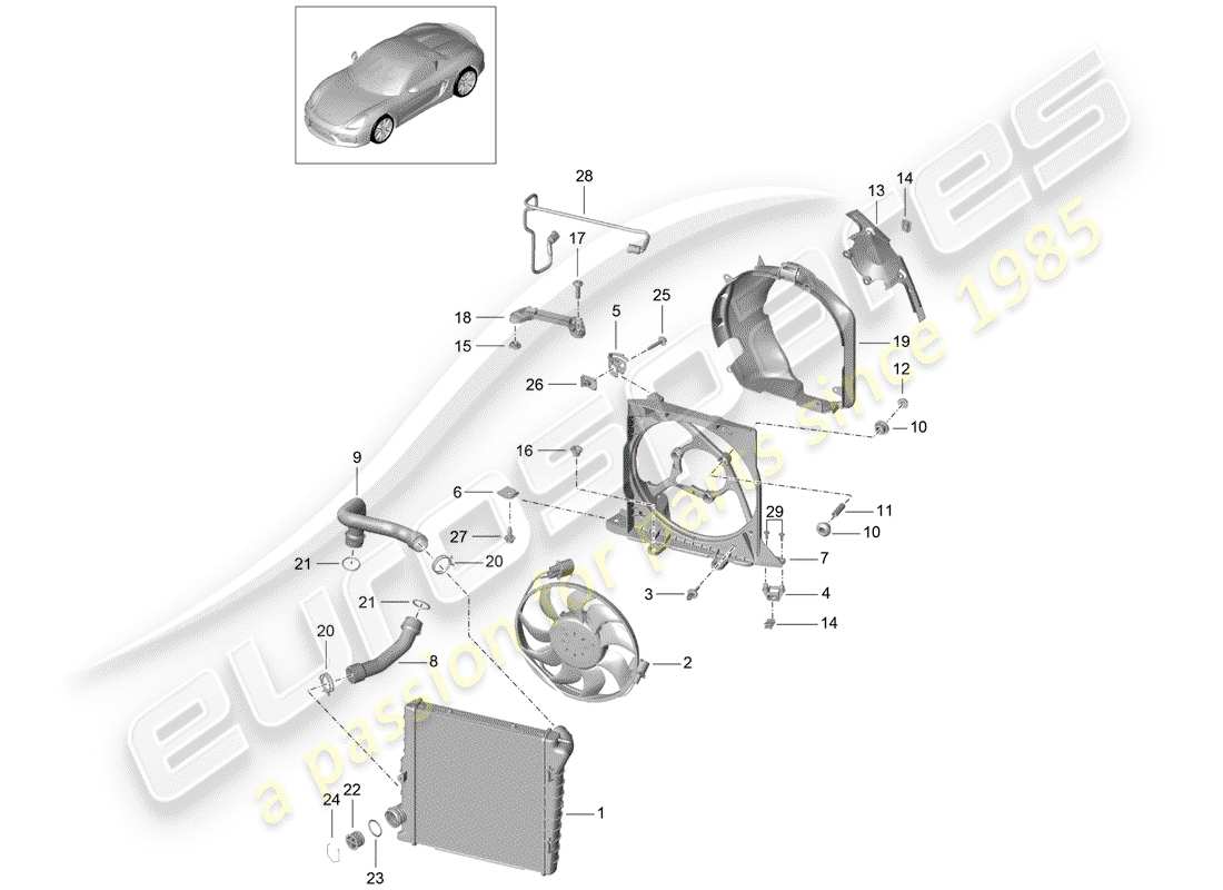 porsche 2016 (981 boxster spyder) coolant cooling system 2 cooler for coolant fan parts diagram