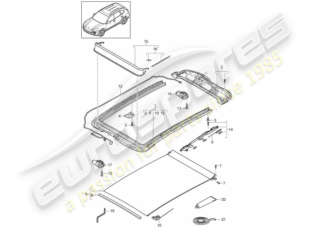 porsche 2018 (cayenne e2 92a) glass roof frame accessories part diagram