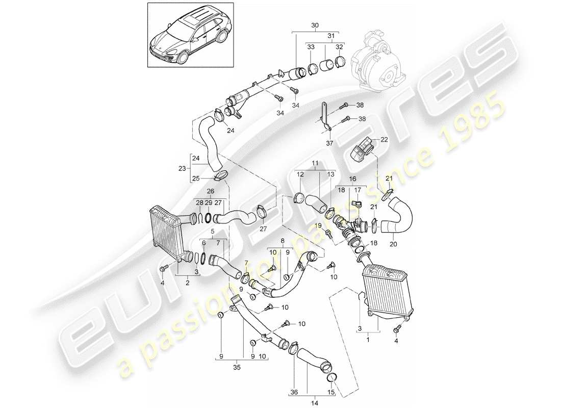 porsche 2012 (cayenne e2 92a) charge air cooler pressure pipe part diagram