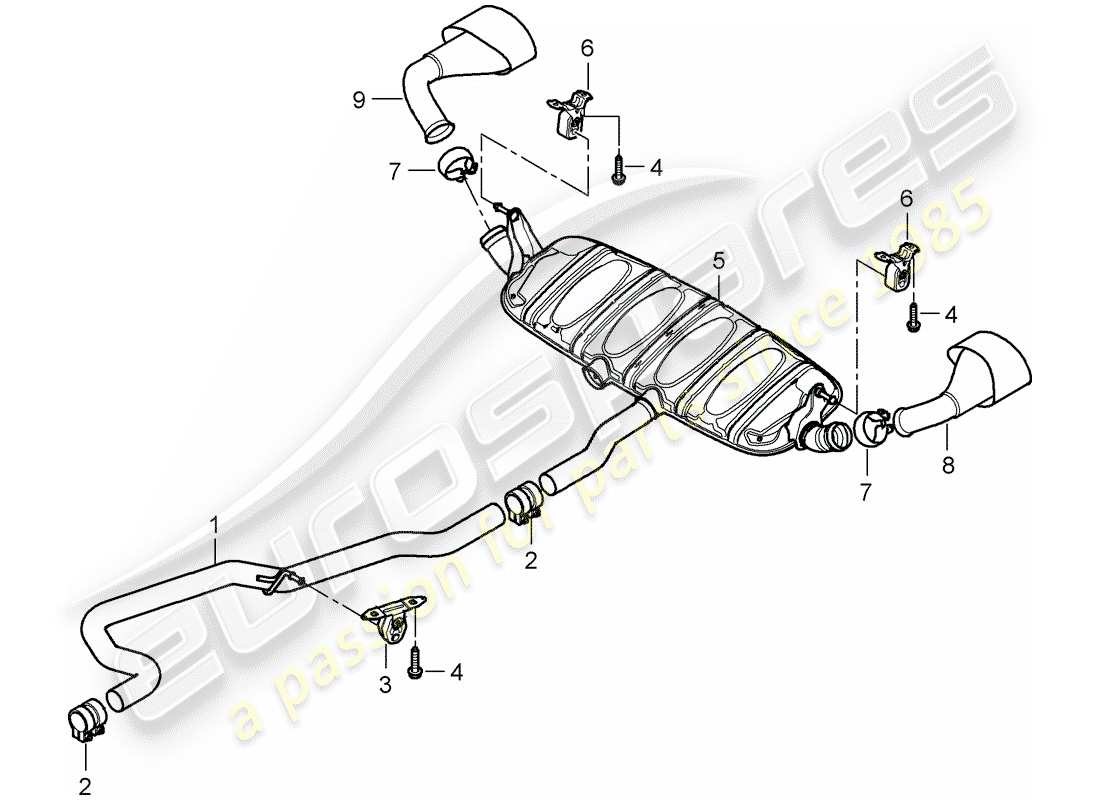 porsche 2009 (cayenne e1 9pa) exhaust system exhaust pipe rear silencer tailpipe parts diagram