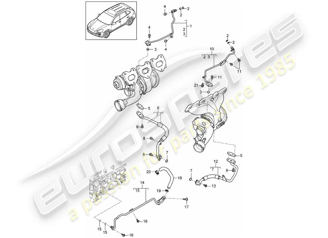 porsche 2018 (cayenne e2 92a) oil pipe for exhaust gas turbocharger part diagram