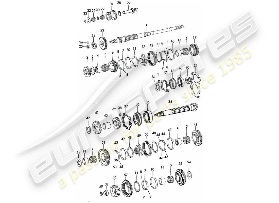 porsche 1973 (911) gears and shafts - 5-speed - transmission - d - mj 1972>> part diagram