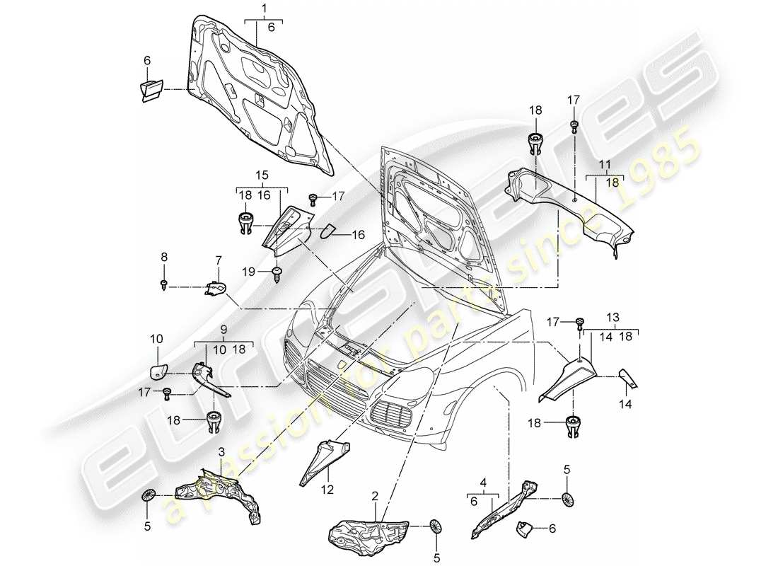 porsche 2006 (cayenne e1 9pa) sound absorber trim engine bay part diagram