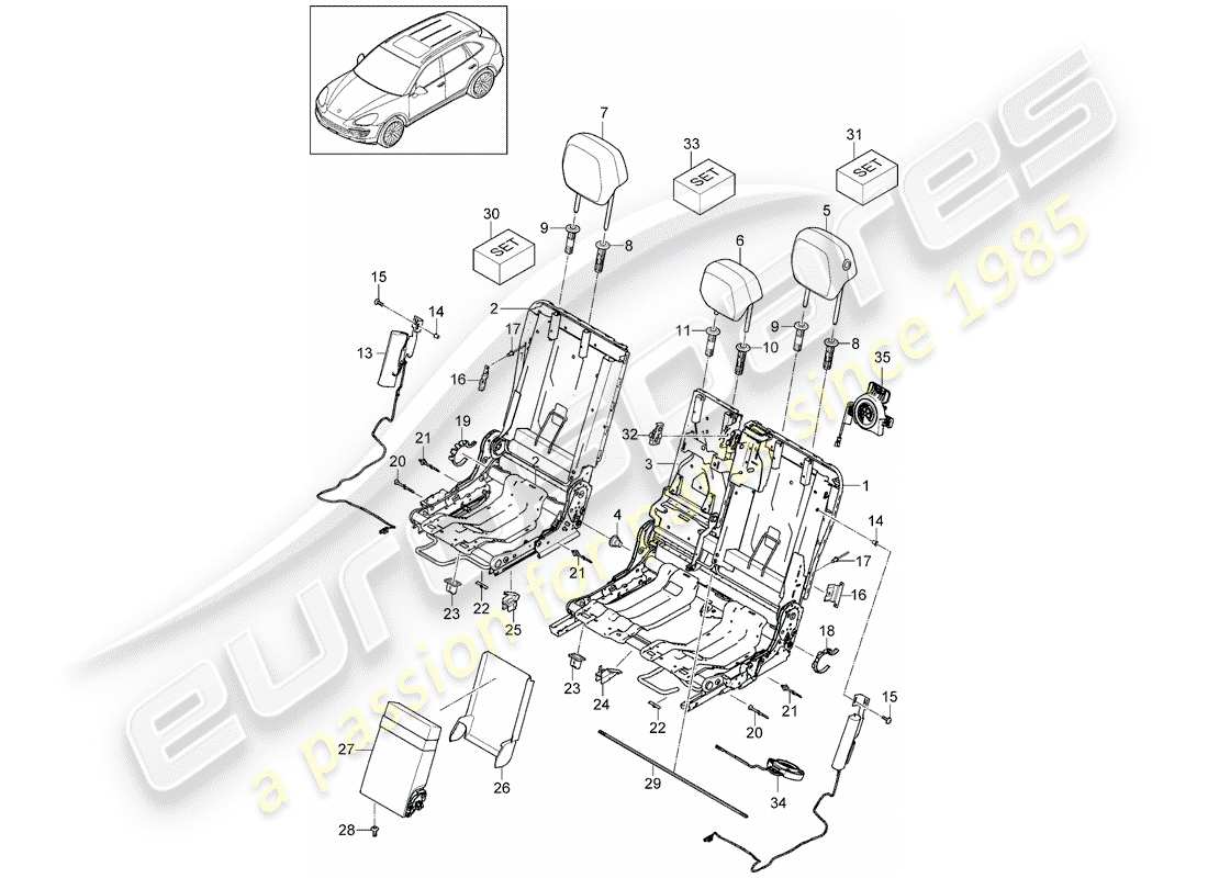 porsche 2018 (cayenne e2 92a) head restraint accessories backrest frame through-load aperture with skisack part diagram