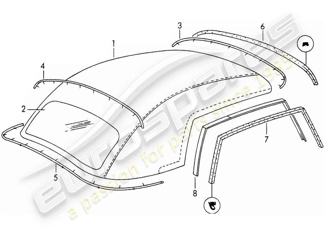 porsche 1952 (356/356a) convertible top covering part diagram