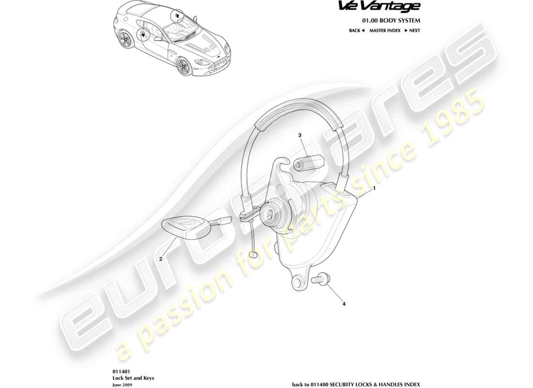 aston martin v12 vantage (2011) lock set and keys part diagram