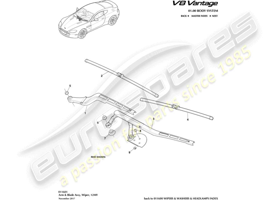 aston martin v8 vantage (2012) wiper blade assembly, 12my part diagram