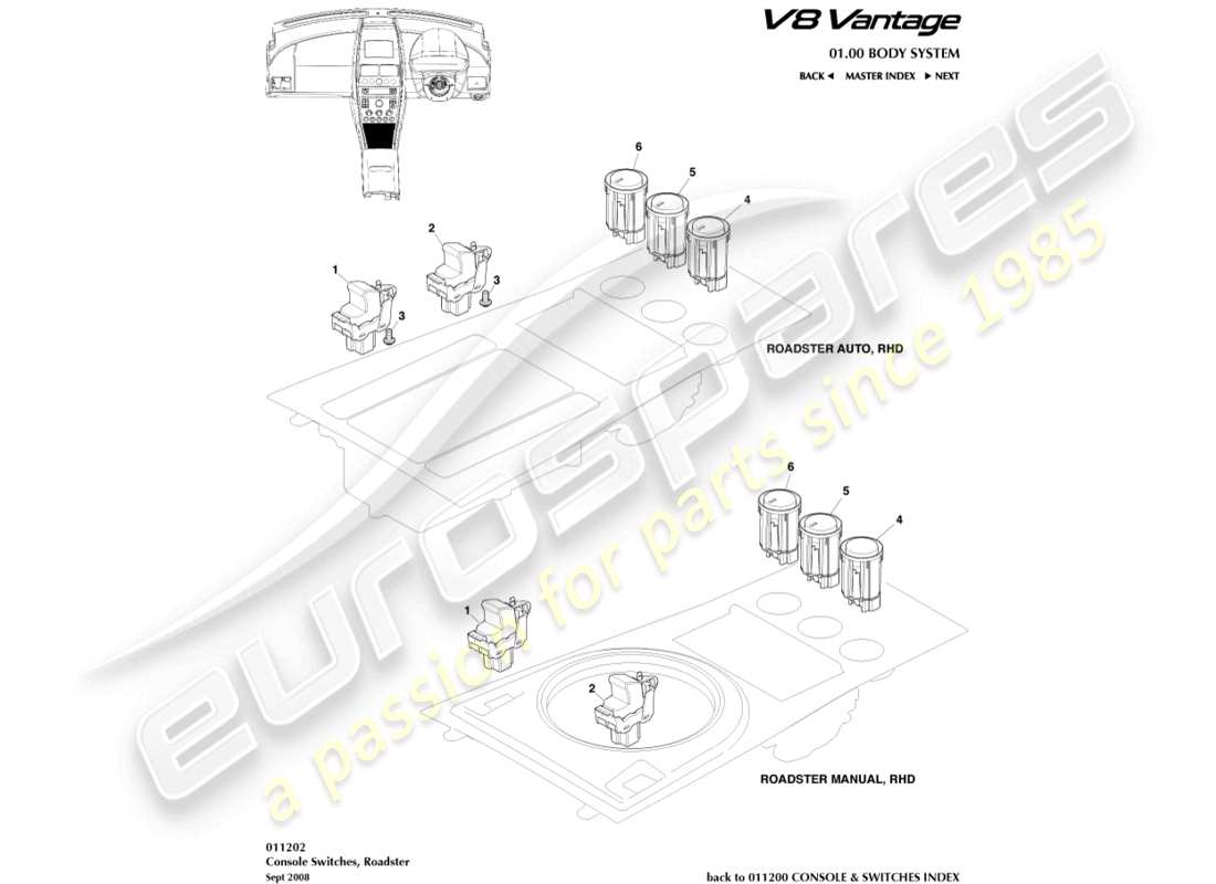 aston martin v8 vantage (2012) console switches, roadster part diagram