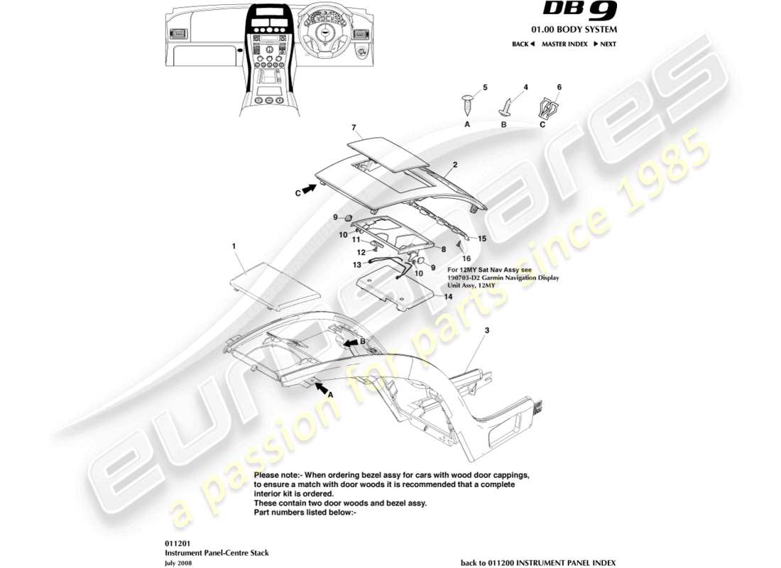 aston martin db9 (2009) instrument panel centre stack parts diagram