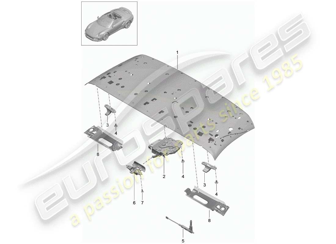 porsche 2015 (991-1 turbo) top frame front roof frame catch part diagram