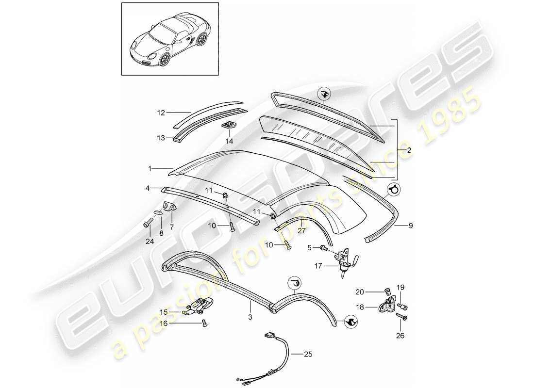 porsche 2009 (987 boxster) hardtop accessories gaskets parts diagram