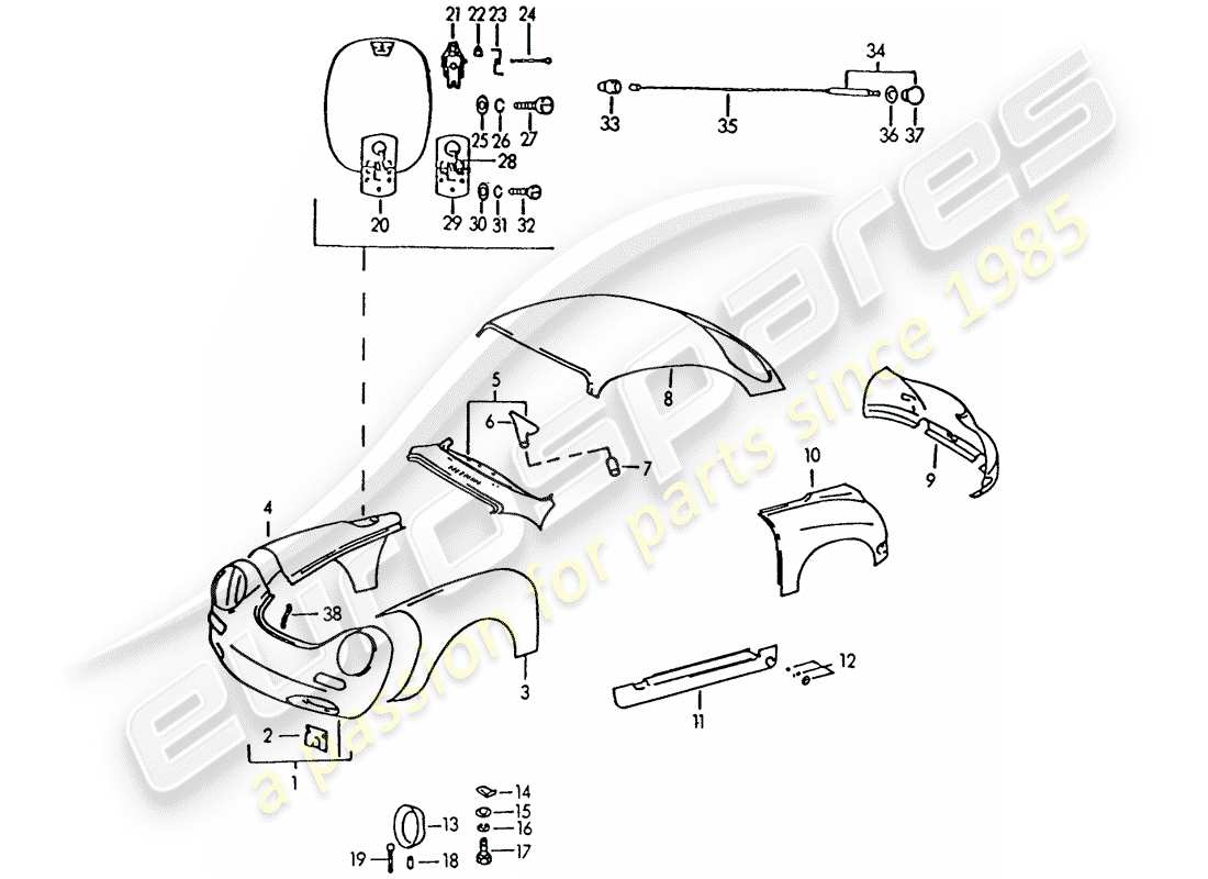 porsche 356b/356c (1963) exterior panelling part diagram