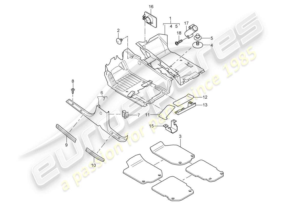 porsche 2010 (cayenne e1 9pa) flooring front accessories parts diagram