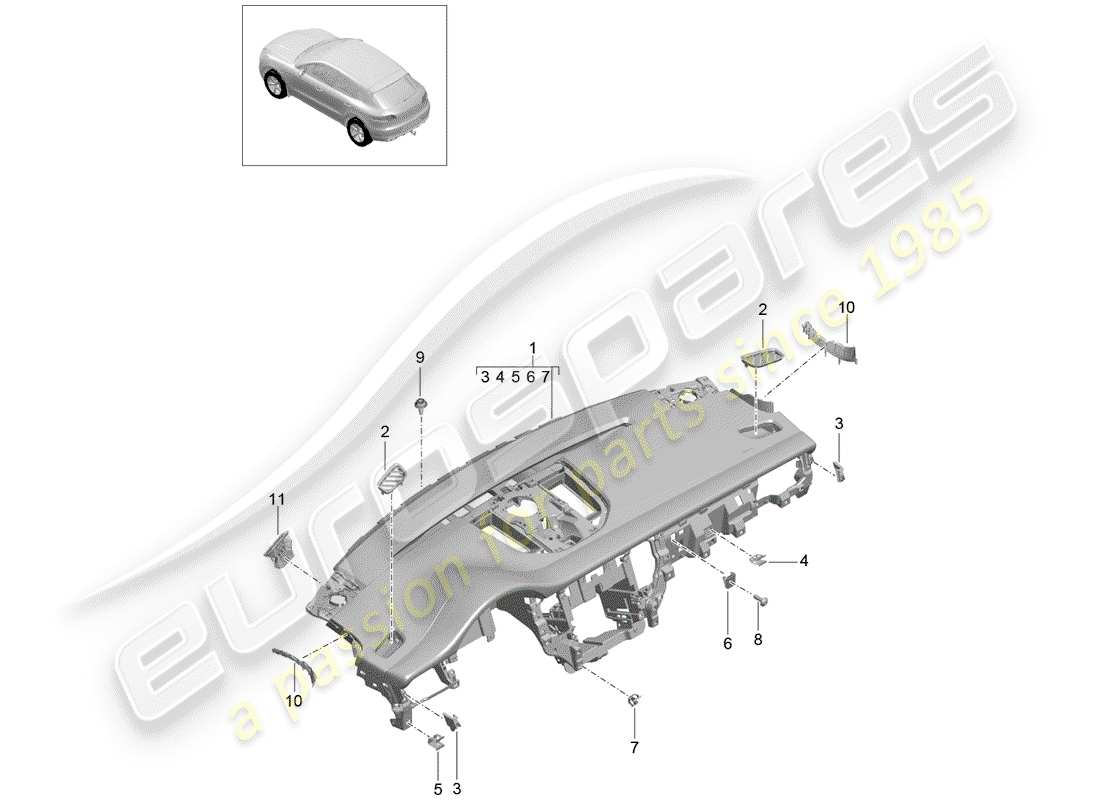 porsche 2018 (macan) instrument panel trim upper part fasteners part diagram