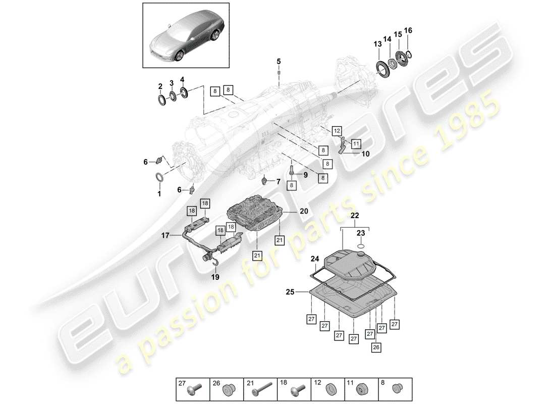 porsche 2018 (panamera 971-1) 8-speed dual clutch gearbox - pdk - mechatronic with software oil filter transmission oil sump part diagram