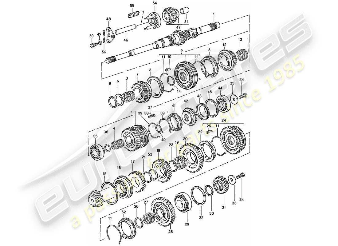 porsche 1983 (944) gears and shafts - manual gearbox parts diagram